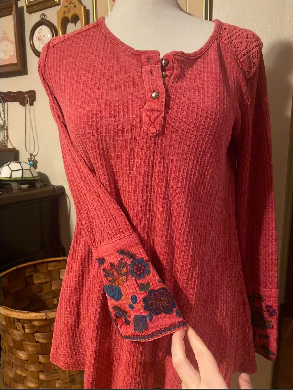 Soft surroundings floral embroidered thermal top